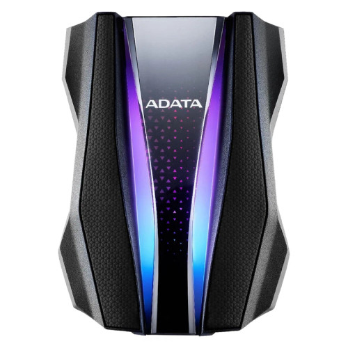 هارد اکسترنال قابل حمل ای دیتا مدل HD770G ظرفیت 2 ترابایت با رابط USB Type-A 3.2، مقاوم در برابر آب و گرد و غبار با استاندارد IP68، مقاومت ضربه طبق MIL-STD-810G، نورپردازی RGB و رمزگذاری 256 بیتی AES