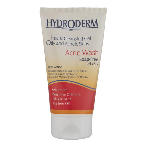 ژل شستوشو صورت Hydroderm، سازگار با پوستهای چرب، آکنهای و حساس، حاوی عصاره روغن تیتری، دارای ویتامینهای تقویتی و اسید سالیسیلیک با خاصیت تنظیم ترشح چربی پوست، ضد جوش و آکنه، حجم 150 میلیلیتر، مدل Acne Wash