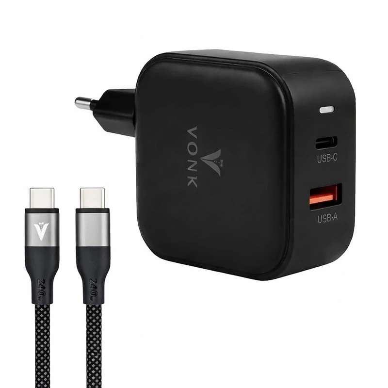 شارژر دیواری 45 وات دو پورت وونک مدل PD‑45W به همراه کابل دو متری USB C