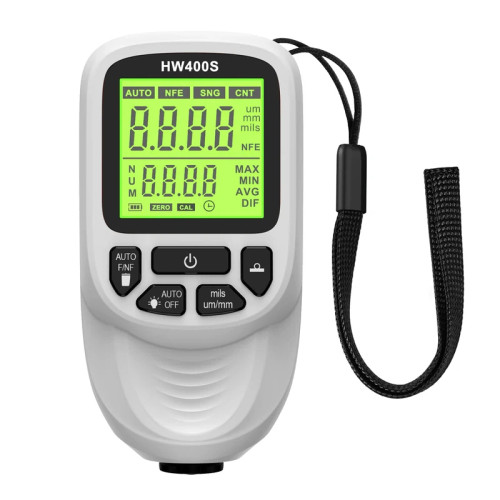 ضخامتسنج رنگ دیجیتال مدل HW-400S با دقت ±(3%+1 میکرون) و بازه اندازهگیری 0 تا 2000 میکرون، دارای سه حالت پروب، کالیبراسیون صفر، صفحه نمایش LCD با نور پسزمینه و خاموشی خودکار