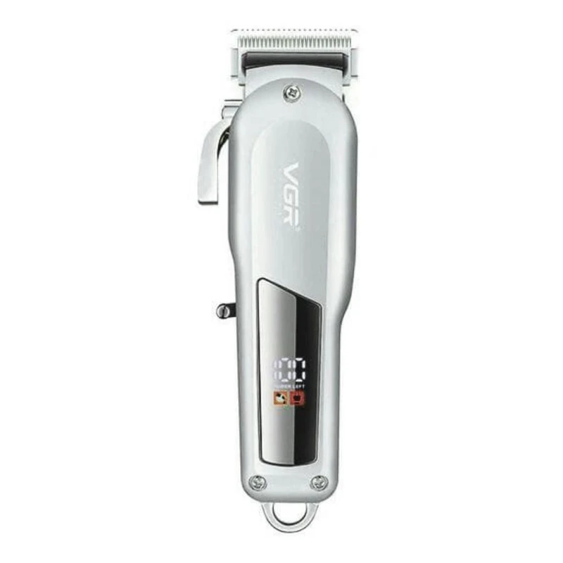 ماشین اصلاح موی سر و صورت وی جی آر مدل V-278 با تیغه استیل پیشرفته، 6 شانه قابل تنظیم، نمایشگر LED، باتری قابل شارژ با 180 دقیقه زمان استفاده و طراحی متال حرفه‌ای