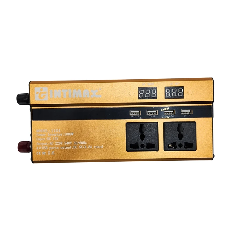 مبدل برق خودرو اینتیمکث مدل 100218 ظرفیت 1000 وات با خروجی AC 220 ولت، دارای 4 پورت USB، نمایشگر ولتاژ، سیستم حفاظت در برابر اضافه بار و قابلیت حمل آسان