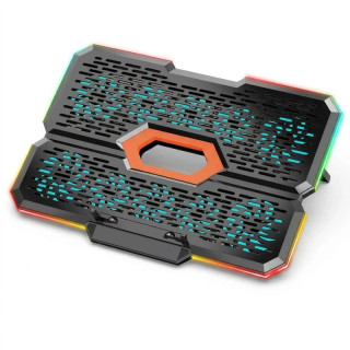 پایه خنککننده لپتاپ کول کلد مدل K39، دارای 10 فن با سرعت 2200 و 2600 دور در دقیقه، پورتهای USB-A و USB-C، تنظیم ارتفاع در 7 حالت، نورپردازی RGB و پد ضدلغزش