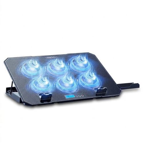 پایه خنککننده لپتاپ تسکو مدل TCLP 3112، دارای 6 فن با سرعت 2400 دور در دقیقه، 2 پورت USB، تنظیم ارتفاع در 5 حالت و سرعت فن در 6 حالت، نمایشگر دیجیتال، نورپردازی LED آبی و بدنه پلاستیکی با توری فلزی
