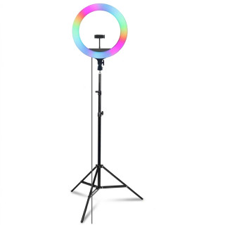 رینگ لایت مدل LJJ-30 RGB-30cm، با قطر 30 سانتیمتر، قابلیت تنظیم 7 رنگ RGB و 3 حالت نوردهی، زاویه نوردهی 180 درجه