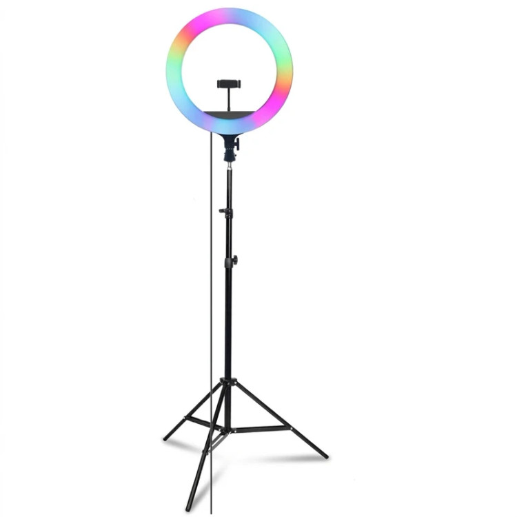 رینگ لایت مدل LJJ-30 RGB-30cm، با قطر 30 سانتیمتر، قابلیت تنظیم 7 رنگ RGB و 3 حالت نوردهی، زاویه نوردهی 180 درجه