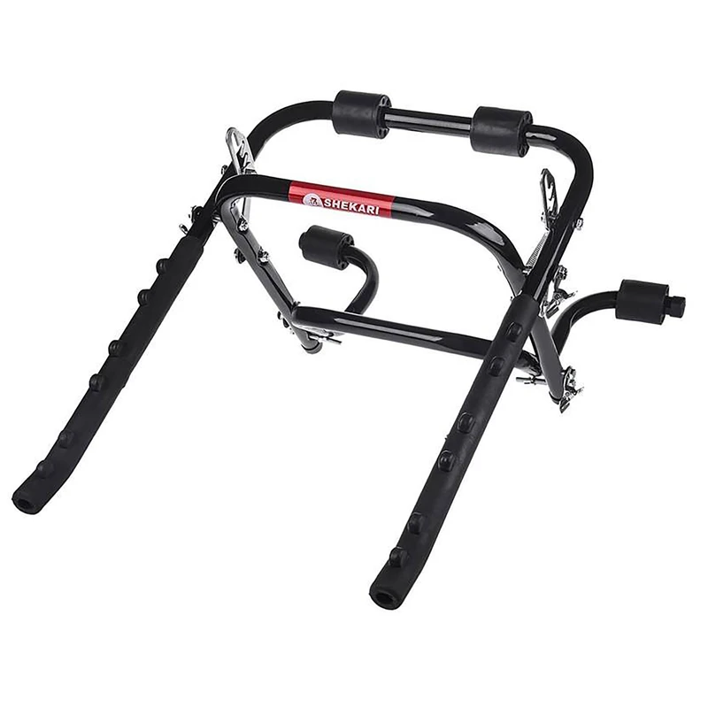 باربند حمل دوچرخه مدل RC100 مناسب نصب روی انواع خودرو، ظرفیت حمل حداکثر 3 دوچرخه، دارای پایه پلاستیکی محافظ رنگ خودرو و قلاب فلزی مستحکم، جنس آهن و ابعاد 25x60x35 سانتی‌متر