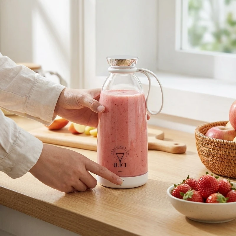 مخلوط‌کن شارژی قابل حمل 500 میلی‌لیتر مدل FRESH JUICE با تیغه استیل ضدزنگ، موتور 60 وات، شارژ USB تایپ‌سی، قفل ایمنی ضد نشت و حالت پالس برای خردکردن یخ و میوه‌های منجمد