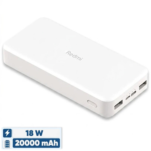 پاوربانک 18 وات 2 پورت شیائومی مدل Redmi ظرفیت 20000 میلیآمپرساعت، به همراه کابل MicroUSB به USB-A، با درگاه خروجی USB-A، دارای قابلیت شارژ همزمان چند دستگاه، مناسب برای شارژ موبایل و تبلت، مقاوم در برابر ضربه