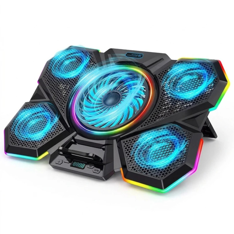 پایه خنککننده لپتاپ کول کلد مدل F13 RGB، دارای 5 فن، مناسب برای لپتاپهای تا 17 اینچ، با سرعت قابل تنظیم 1100 تا 2100 دور در دقیقه، 2 پورت USB، تنظیم ارتفاع در 7 حالت، نورپردازی RGB در 12 حالت و بدنه Mesh و ABS