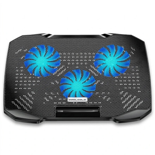 پایه خنککننده لپتاپ کول کلد مدل F2 PLUS، دارای 3 فن، مناسب برای لپتاپهای تا 14 اینچ، با تنظیم ارتفاع و شدت باد، 2 پورت USB 2.0، نورپردازی، هولدر موبایل و بدنه فلزی و پلاستیک ABS
