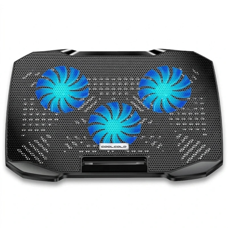 پایه خنککننده لپتاپ کول کلد مدل F2 PLUS، دارای 3 فن، مناسب برای لپتاپهای تا 14 اینچ، با تنظیم ارتفاع و شدت باد، 2 پورت USB 2.0، نورپردازی، هولدر موبایل و بدنه فلزی و پلاستیک ABS